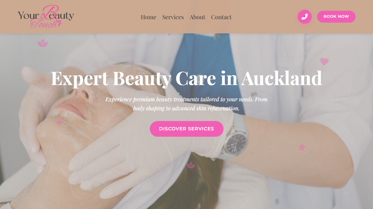Beauty Touch homepage with visible Book Now and Discover Services actions, captured 26 August 2026