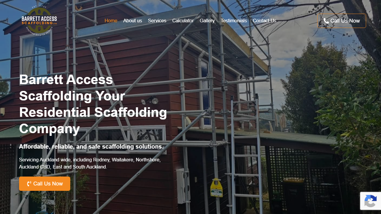Barrett Access Scaffolding homepage with visible phone call actions, captured 26 August 2026