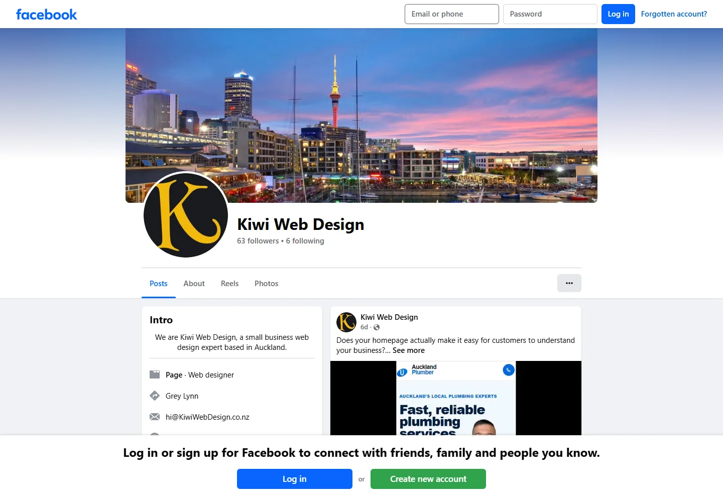 Kiwi Web Design Facebook Page showing a consistent logo, Auckland cover image, business description, and recent content
