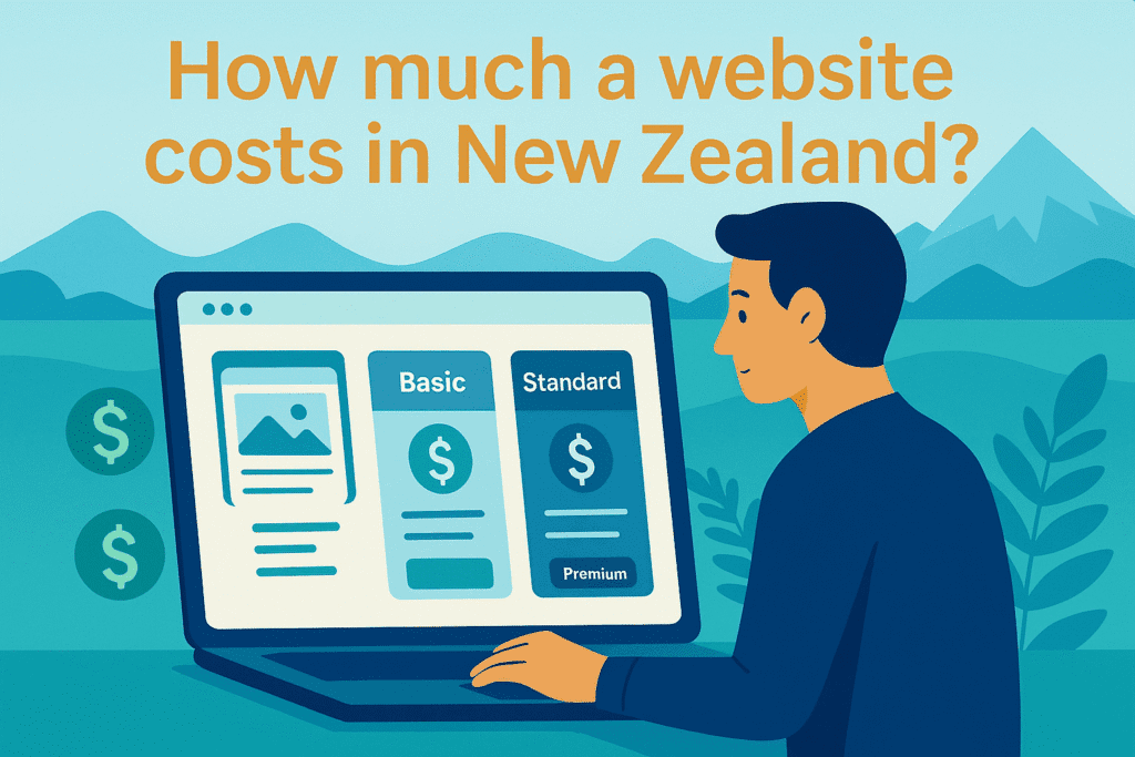 Modern illustration of a business owner viewing website pricing plans on a laptop with a New Zealand landscape in the background.