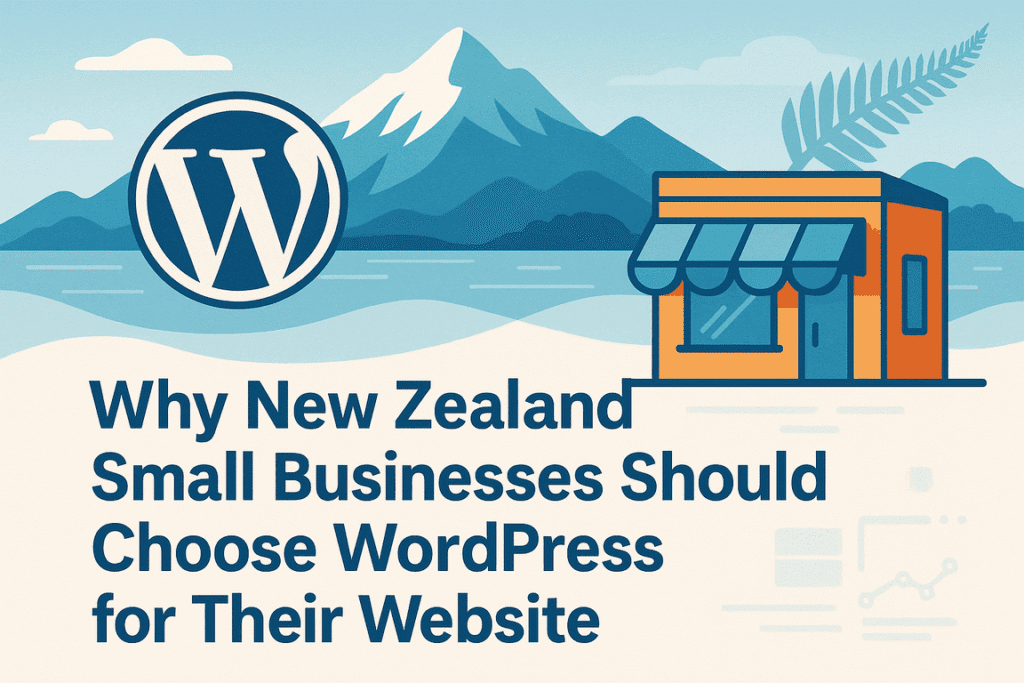 Illustration featuring WordPress logo, New Zealand mountain landscape, small storefront, and blog title 'Why New Zealand Small Businesses Should Choose WordPress for Their Website