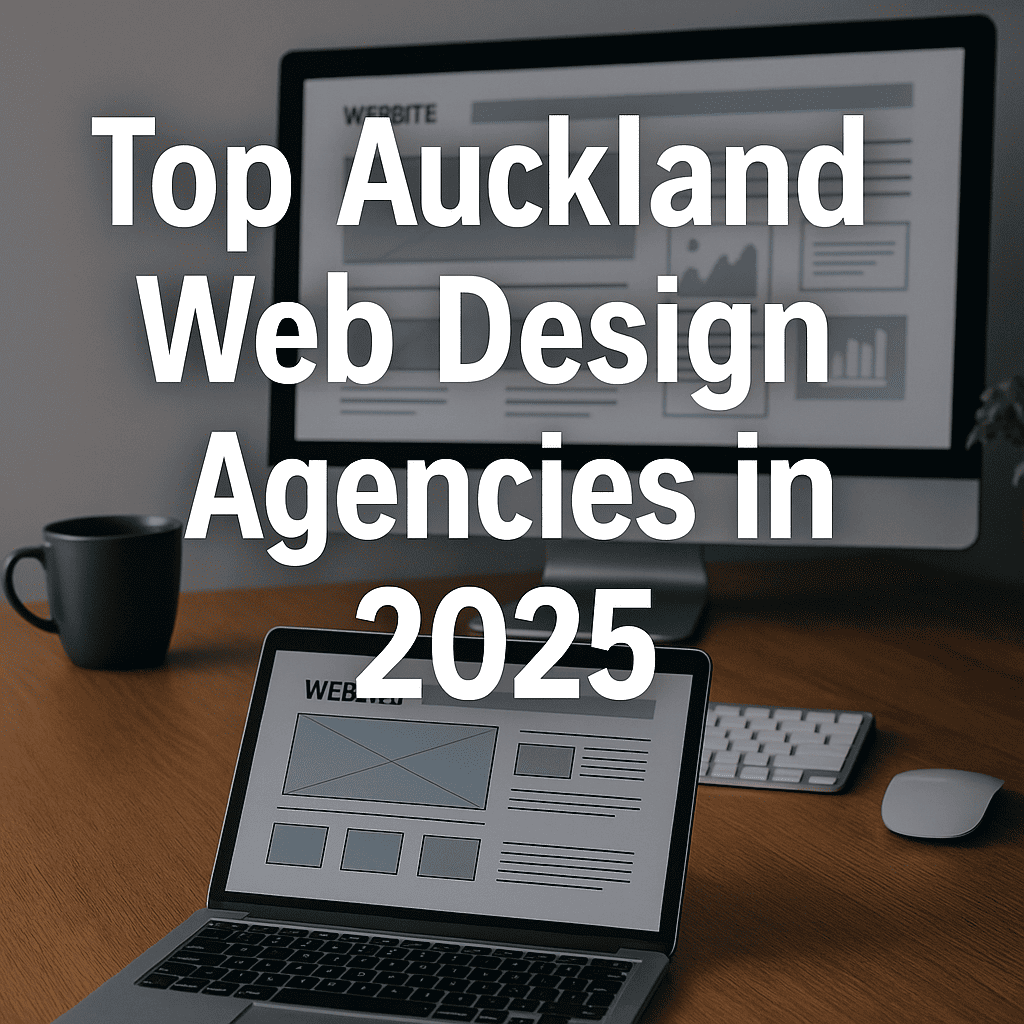 Top Auckland Web Design Agencies in 2025 highlighted on a modern workspace desk with laptop and monitor showing website layout