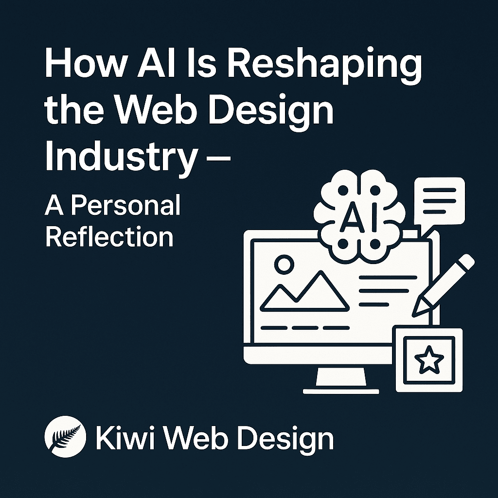 AI reshaping web design – illustration with computer, AI icon, and Kiwi Web Design logo
