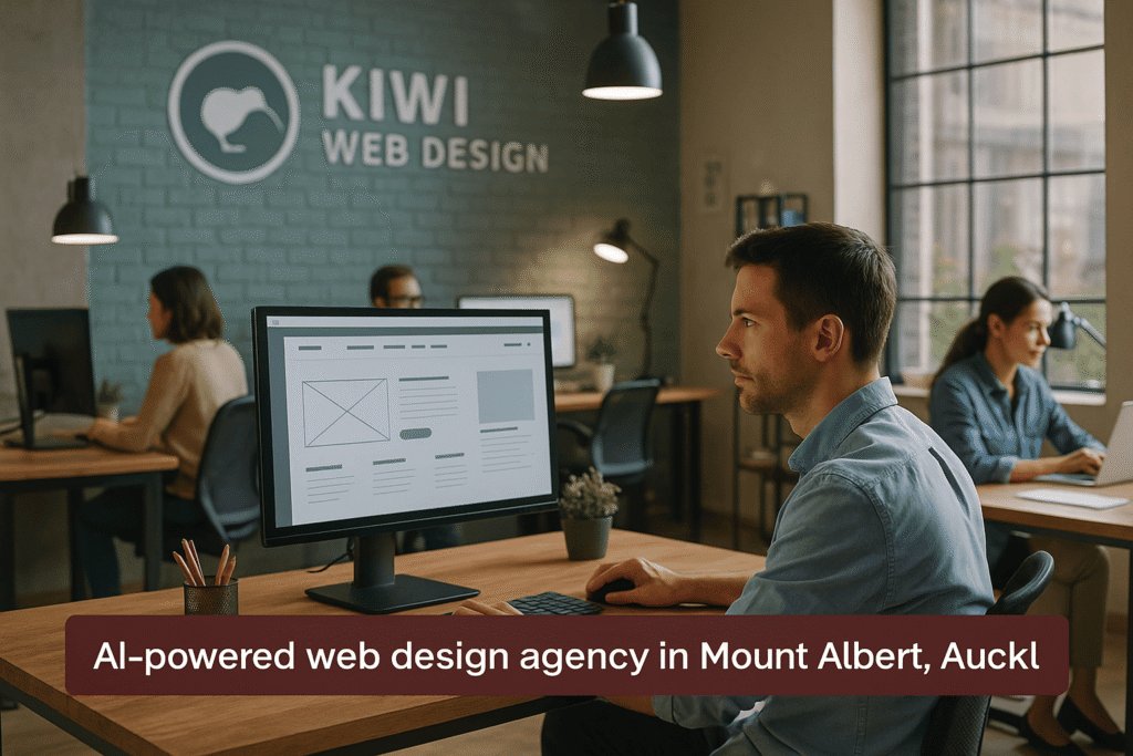 Kiwi Web Design office in Mount Albert, Auckland showcasing AI-powered web design team at work