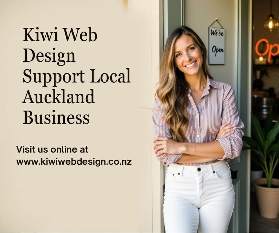 Small Auckland retail business owner smiling in front of her shop with a laptop showing www.kiwiwebdesign.co.nz