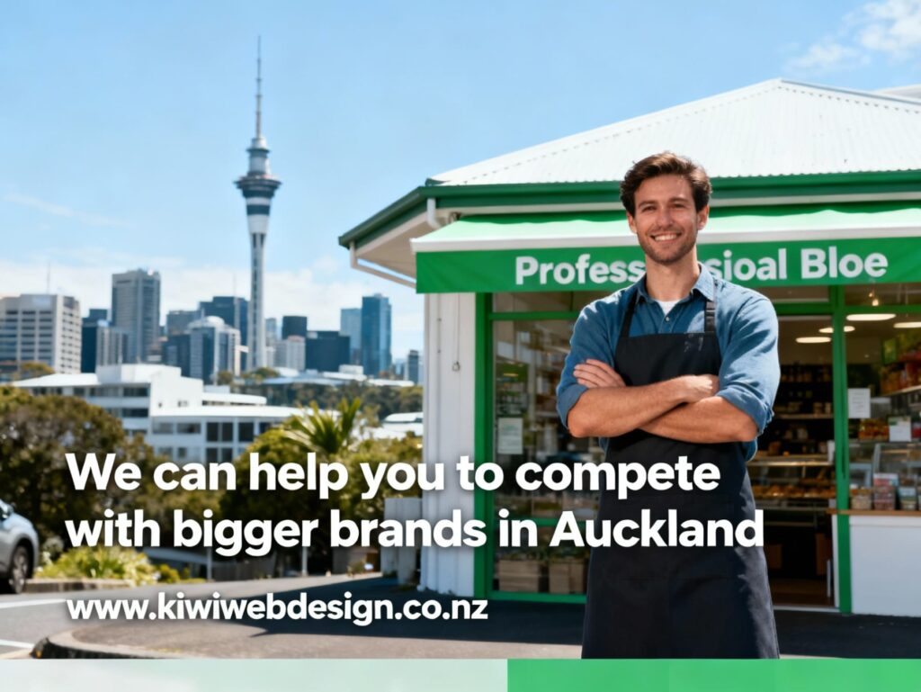 Small business owner with laptop competing against big brands in Auckland with professional website design