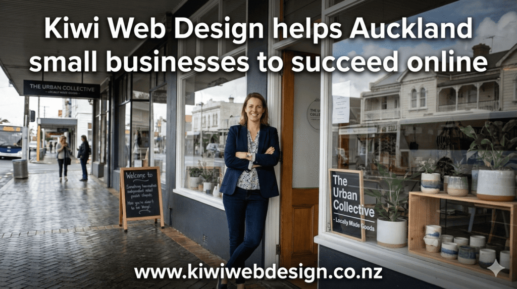 Female Auckland small business owner standing outside her shop, representing website redesign vs starting from scratch decisions.