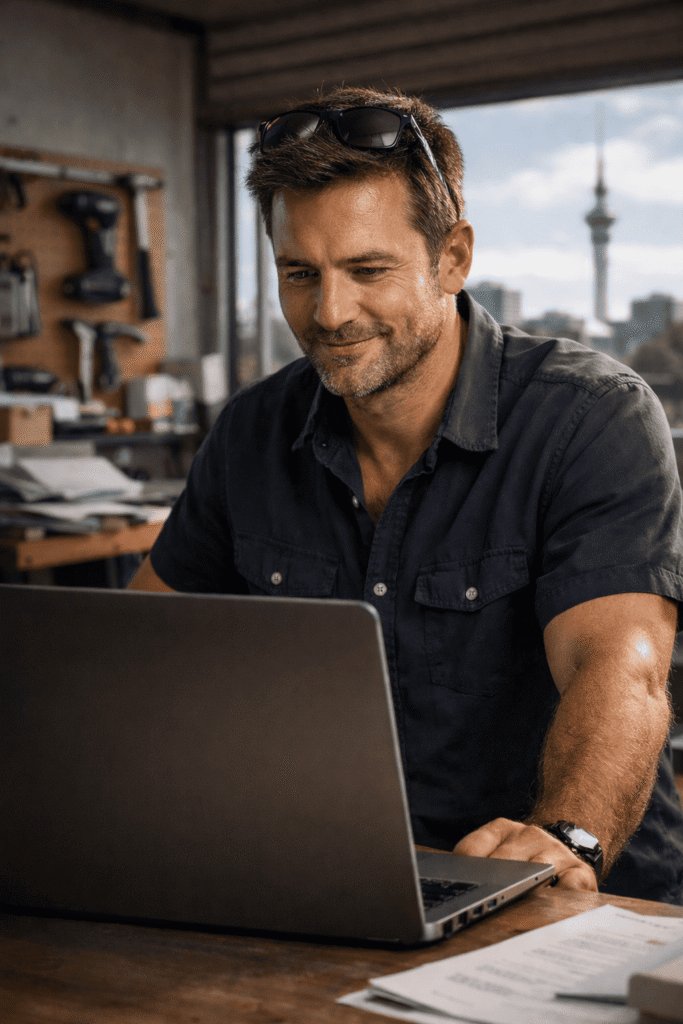 Auckland small business owner reviewing AI-driven search results on laptop screen